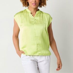 Worthington Henley Neck Short Sleeve Satin Blouse